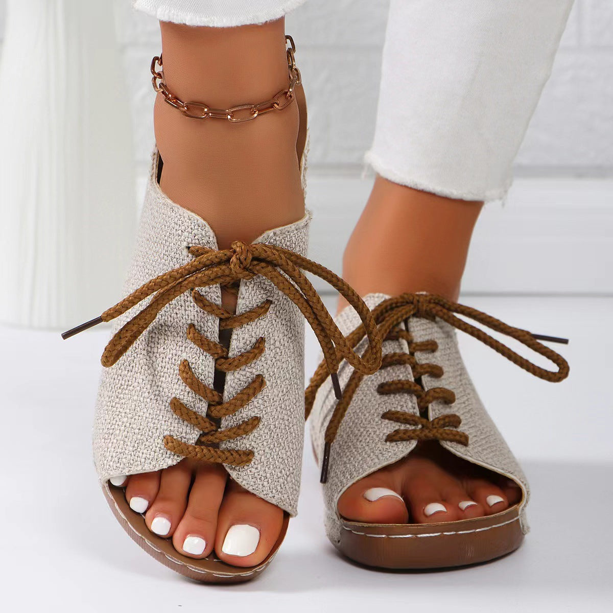 Lace-Up Open Toe Wedge Sandals