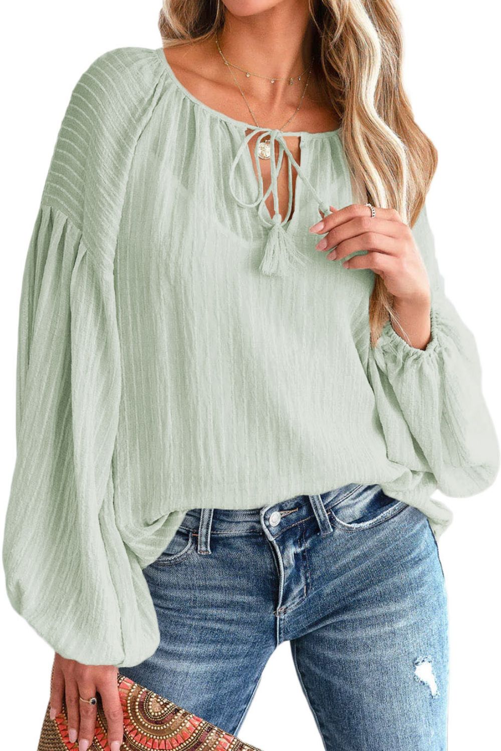 Tie Neck Dropped Shoulder Blouse