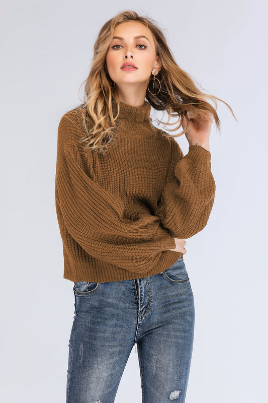 Double Take Turtleneck Rib-Knit Dropped Shoulder Sweater