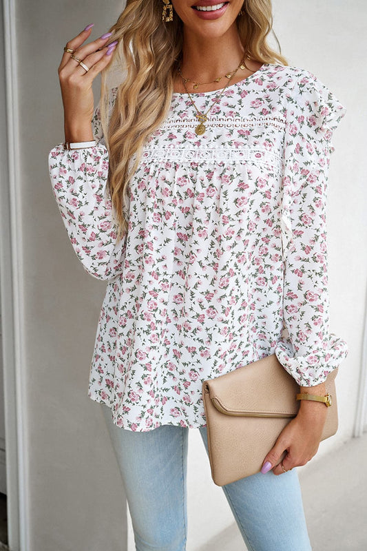 Printed Round Neck Long Sleeve Blouse