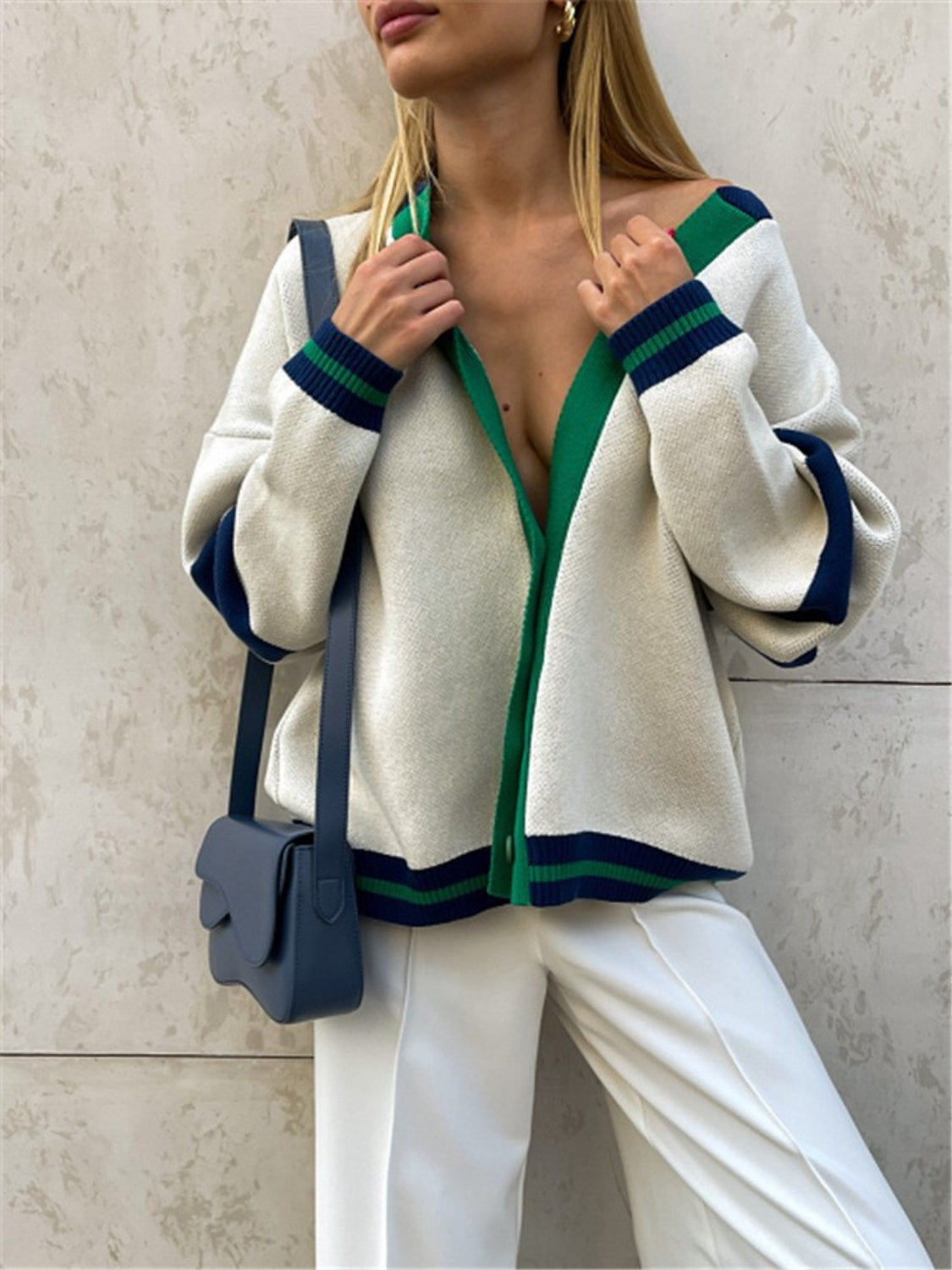 Contrast Dropped Shoulder V-Neck Cardigan