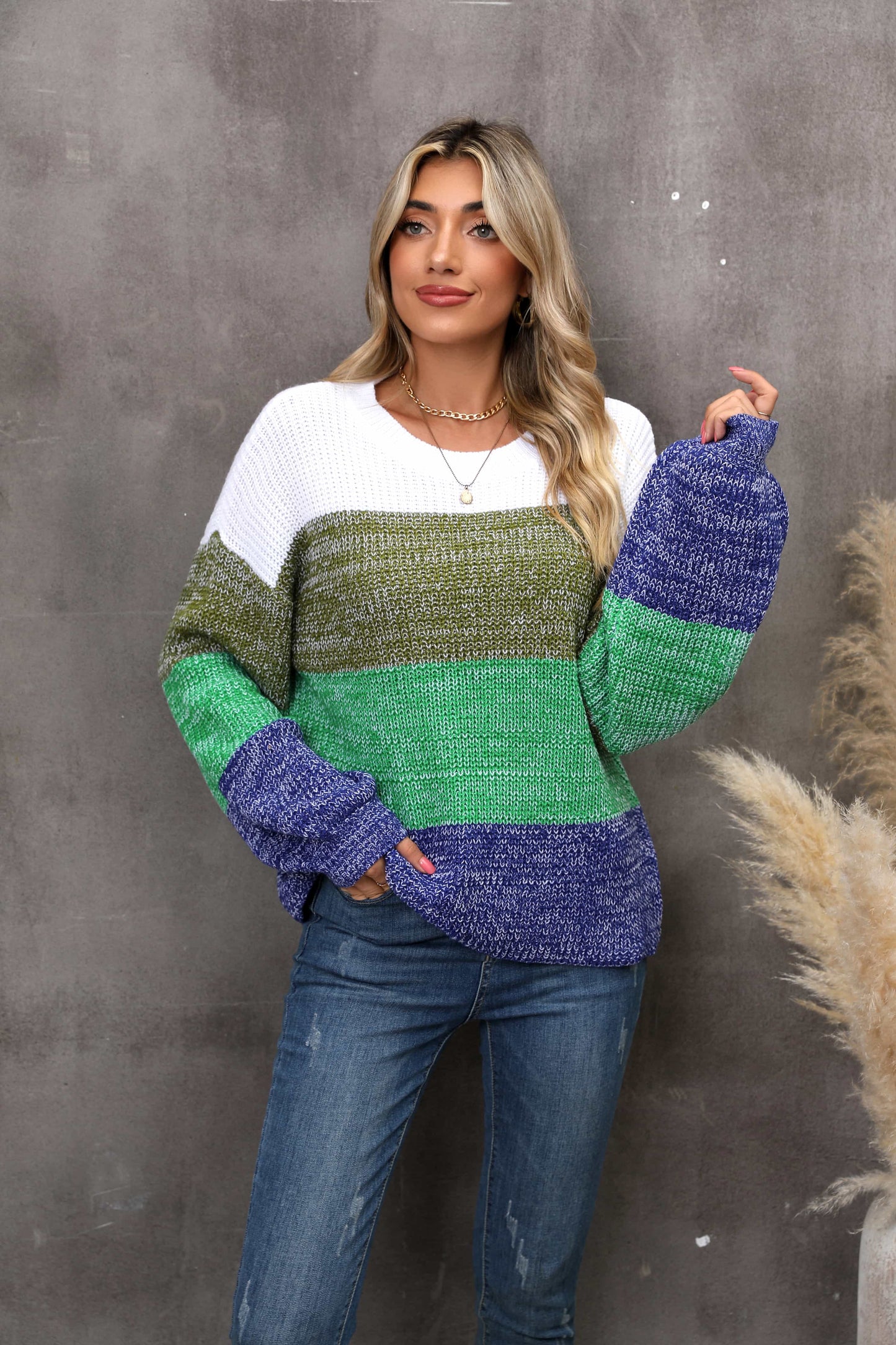 Color Block Round Neck Dropped Shoulder Sweater