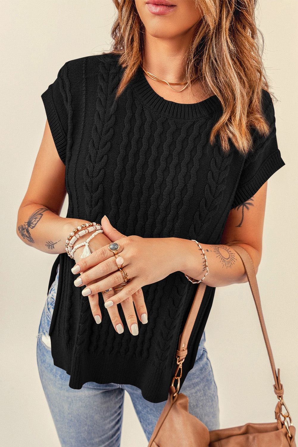 Cable-Knit Side Slit Sweater Vest