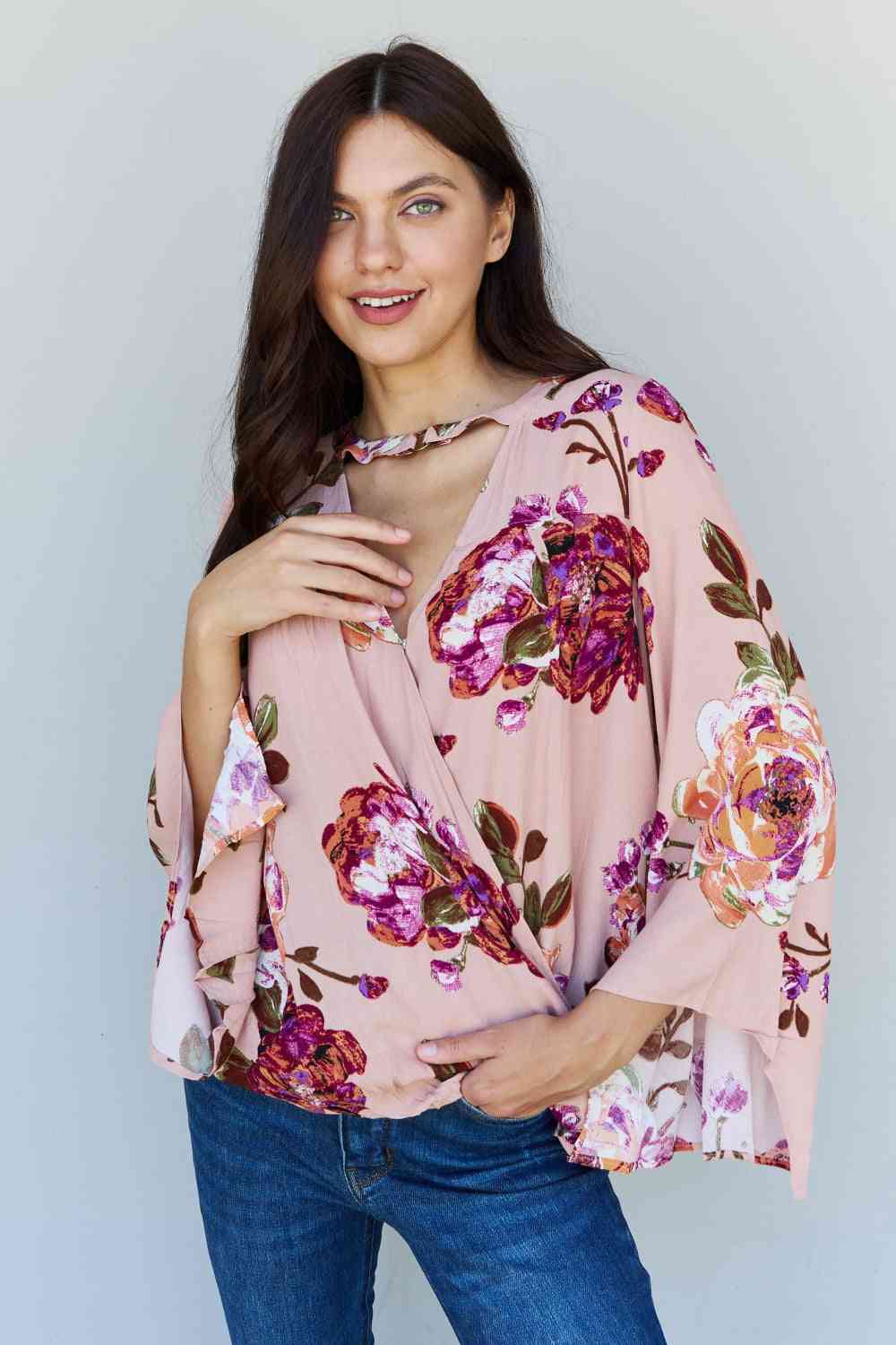 ODDI Full Size Floral Bell Sleeve Crepe Top