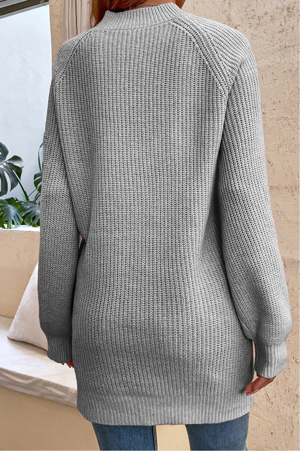 Round Neck Button Detail Ribbed Sweater