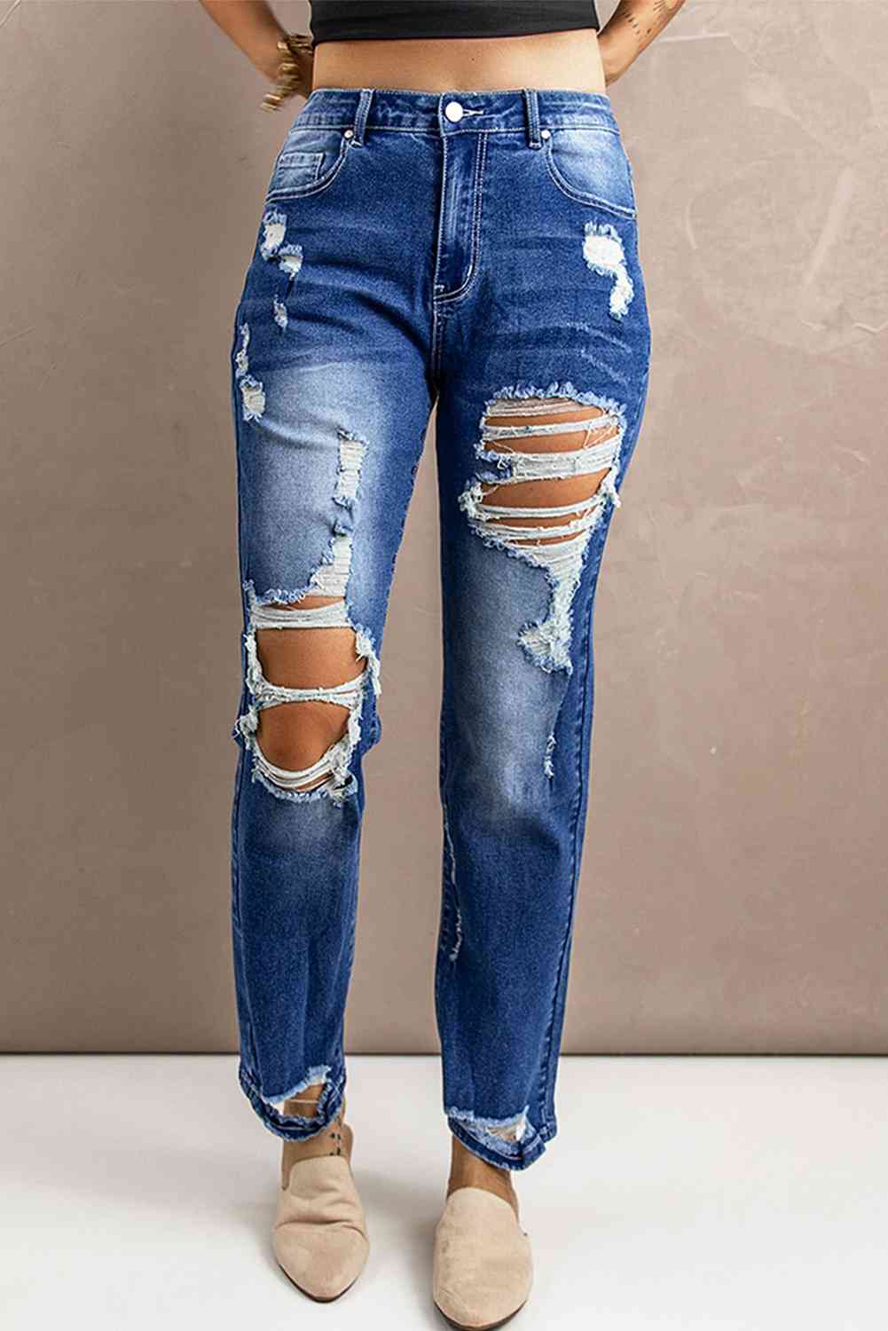 Baeful Distressed High-Rise Jeans with Pockets