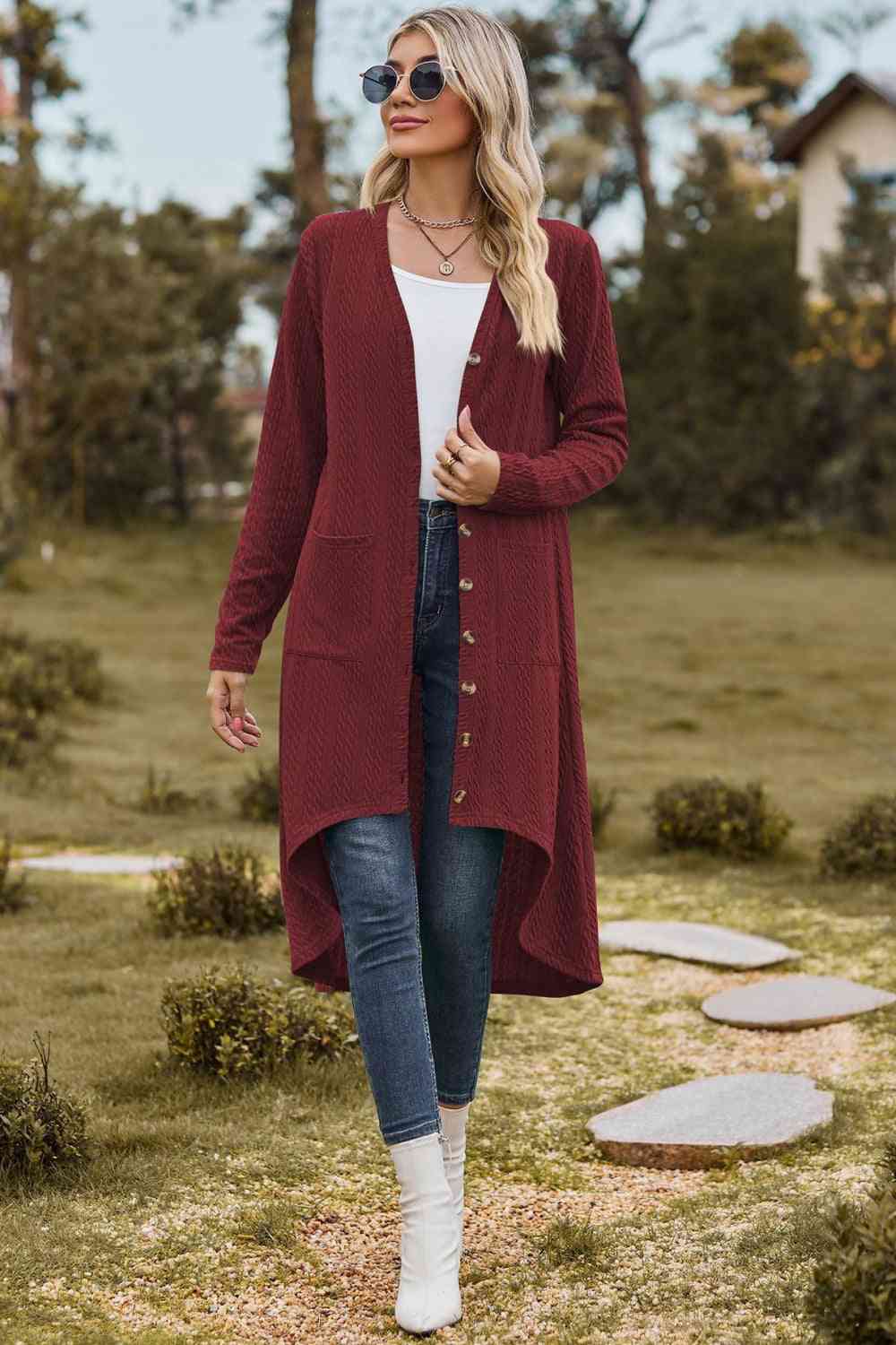 V-Neck Long Sleeve Cardigan with Pocket