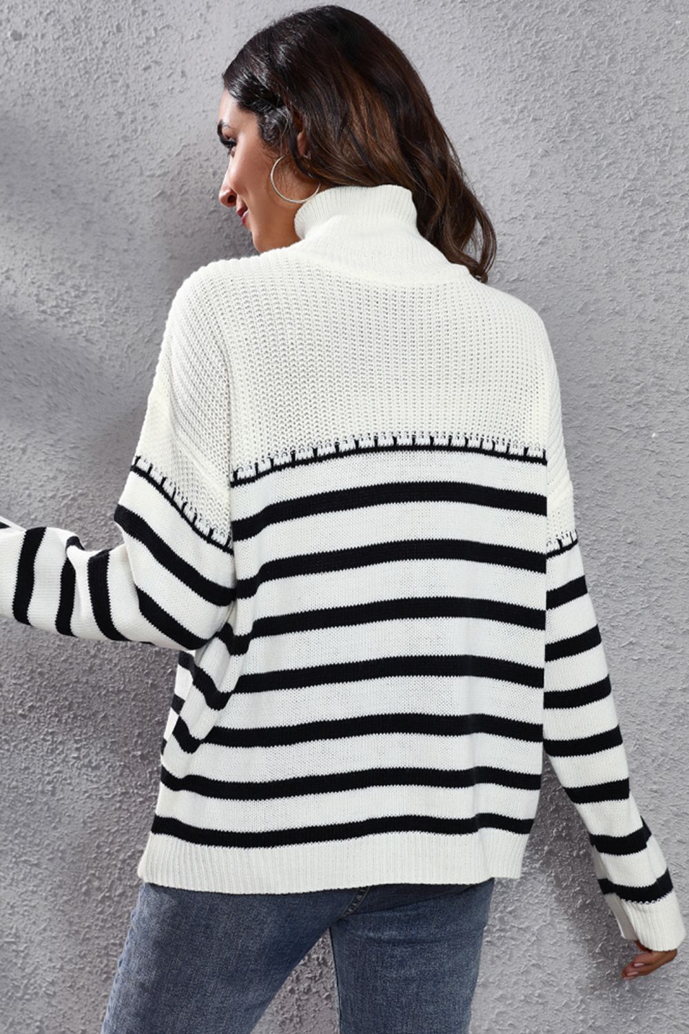 Striped Turtleneck Drop Shoulder Sweater