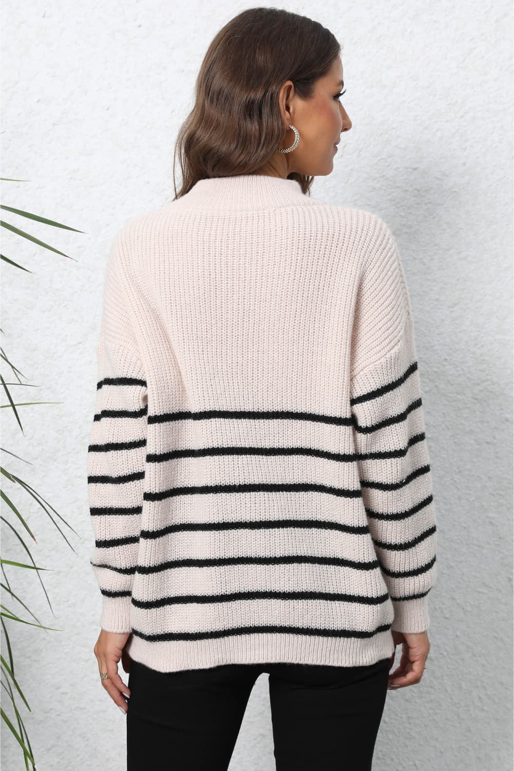 Striped Zip-Up Long Sleeve Ribbed Sweater