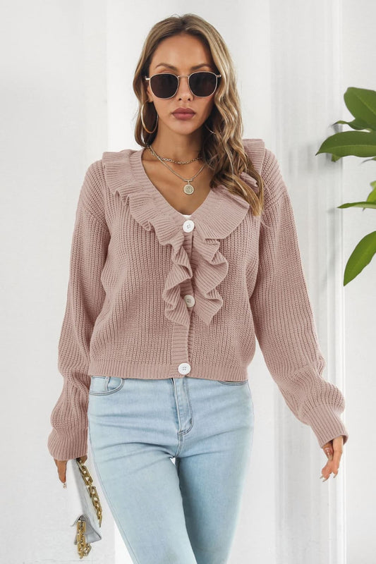 Ruffle Trim Button-Down Dropped Shoulder Sweater