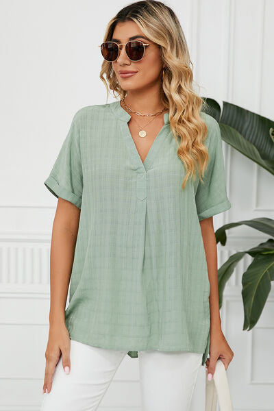 Ruched Notched Short Sleeve Blouse