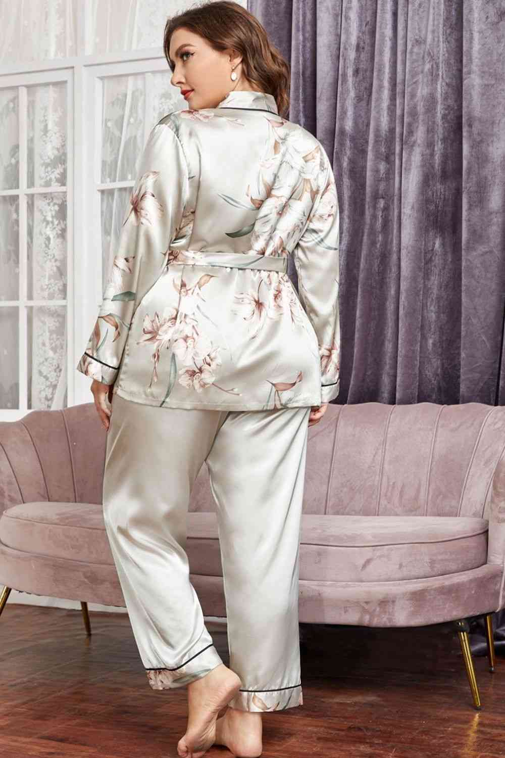 Plus Size Floral Belted Robe and Pants Pajama Set