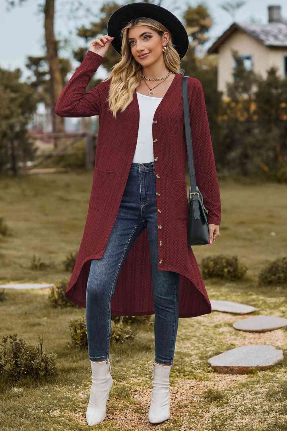 V-Neck Long Sleeve Cardigan with Pocket