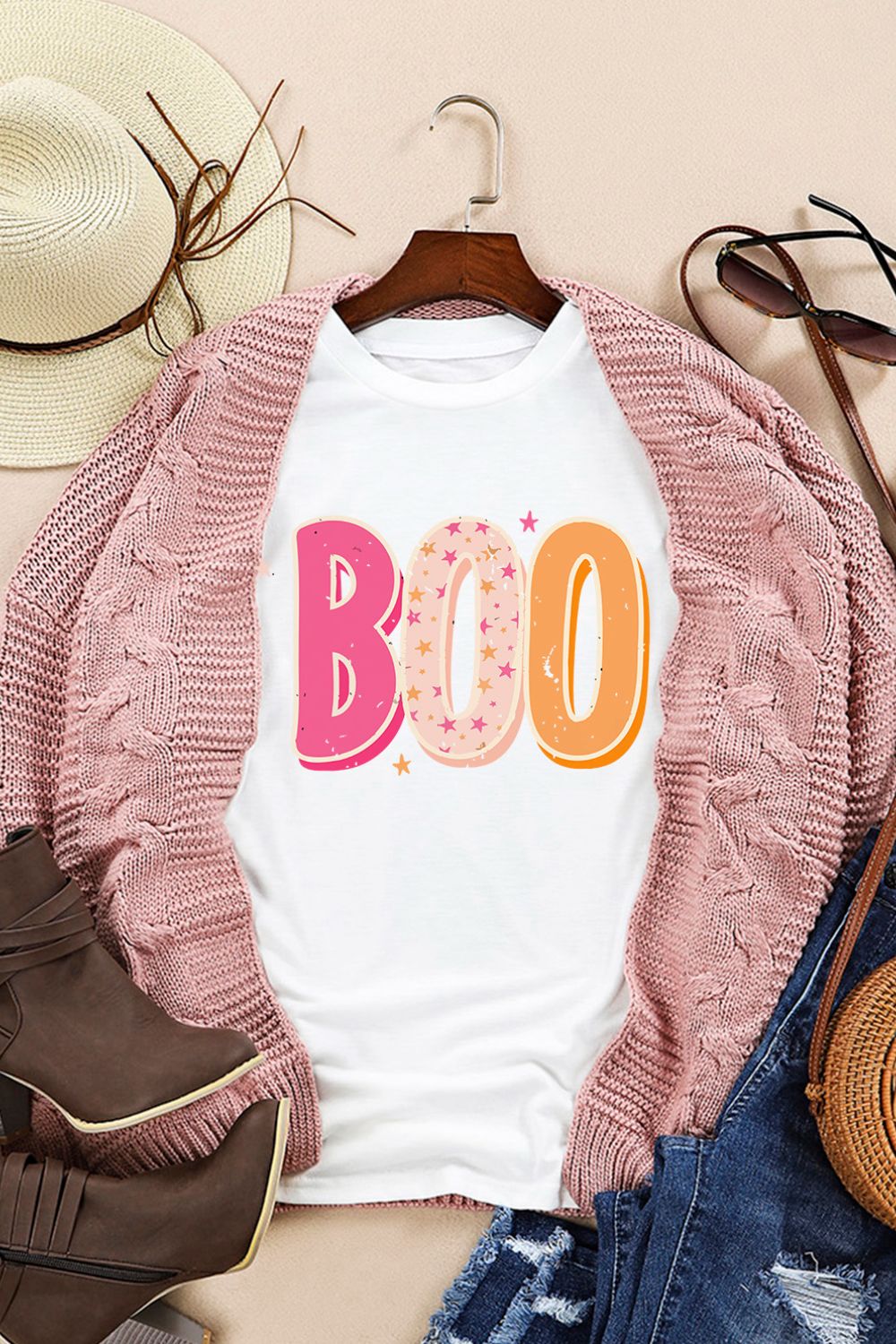 Round Neck Short Sleeve BOO Graphic T-Shirt