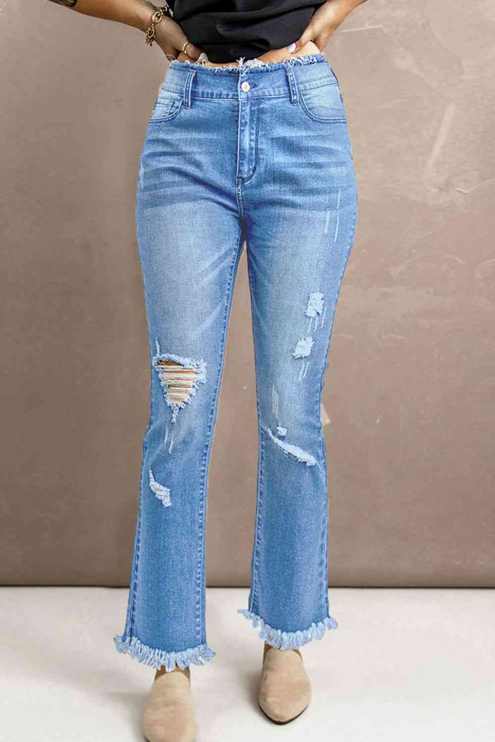 Baeful High Waist Distressed Raw Hem Jeans