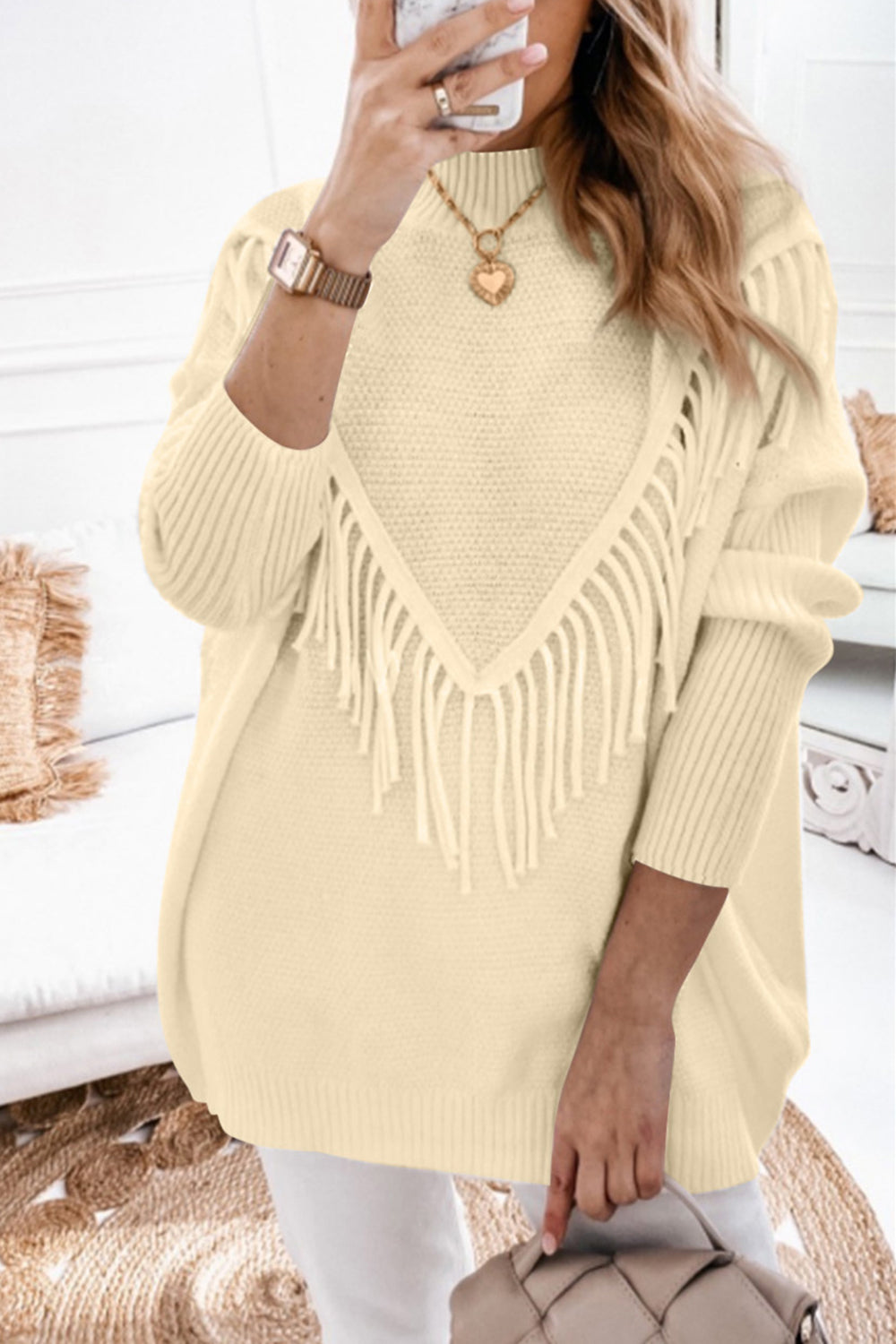 Fringe Detail Mock Neck Sweater