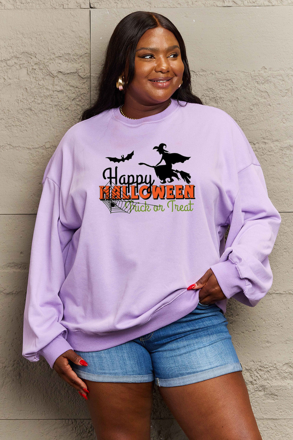 Simply Love Full Size HAPPY HALLOWEEN TRICK OR TREAT Graphic Sweatshirt