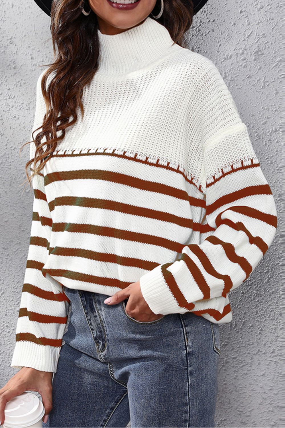 Striped Turtleneck Drop Shoulder Sweater