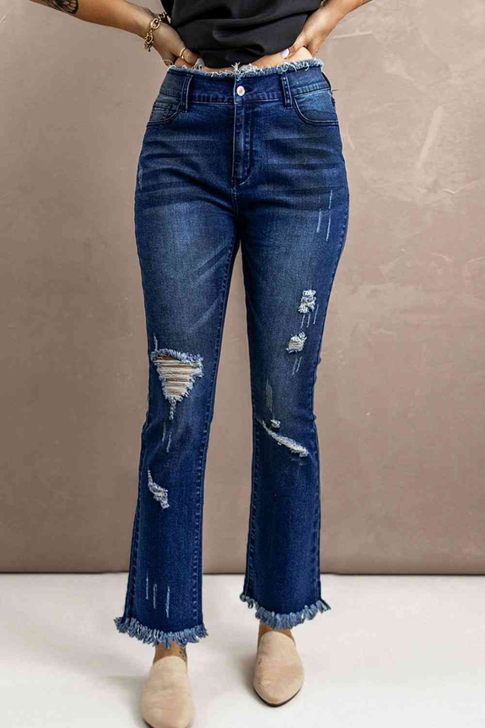 Baeful High Waist Distressed Raw Hem Jeans